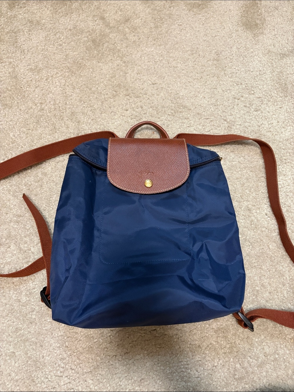 Navy Nylon Longchamp Backpack with Brown Leather Flap